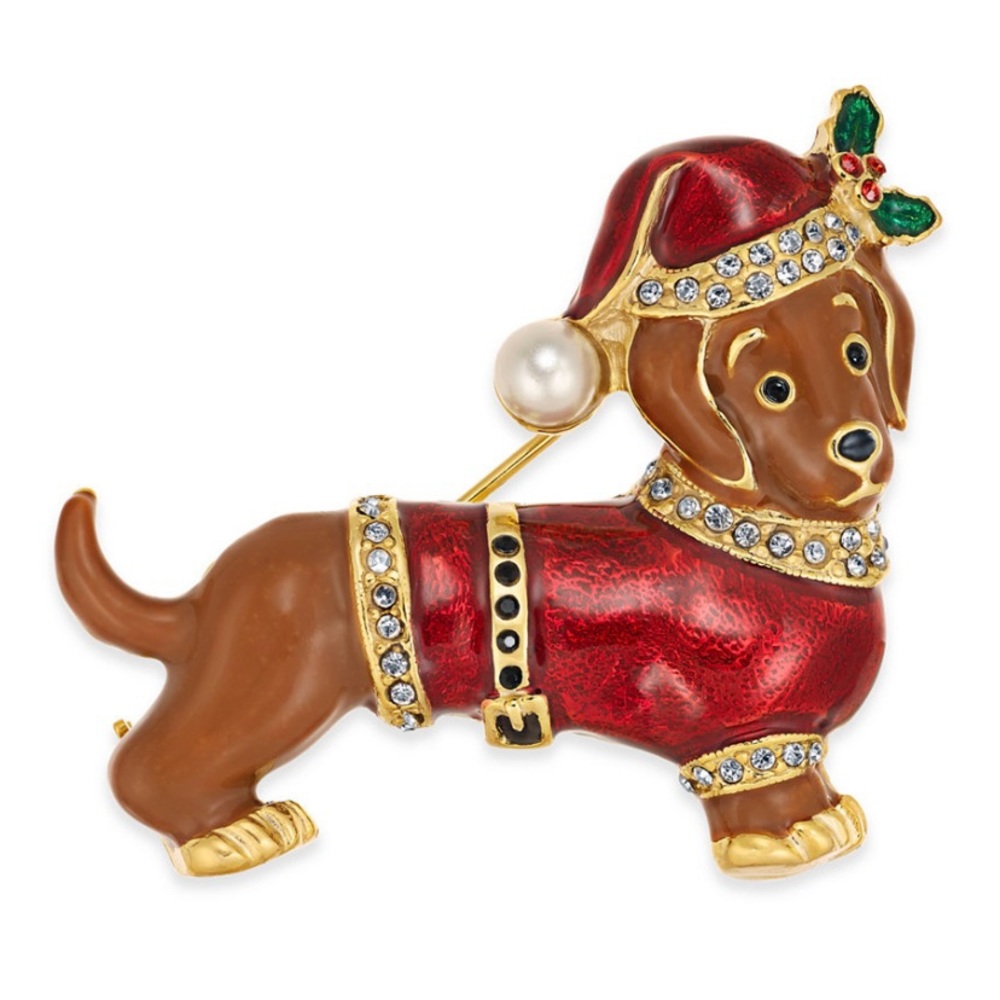 NWT. Charter Club. Santa Dog Brooch Pin. Set in gold-tone